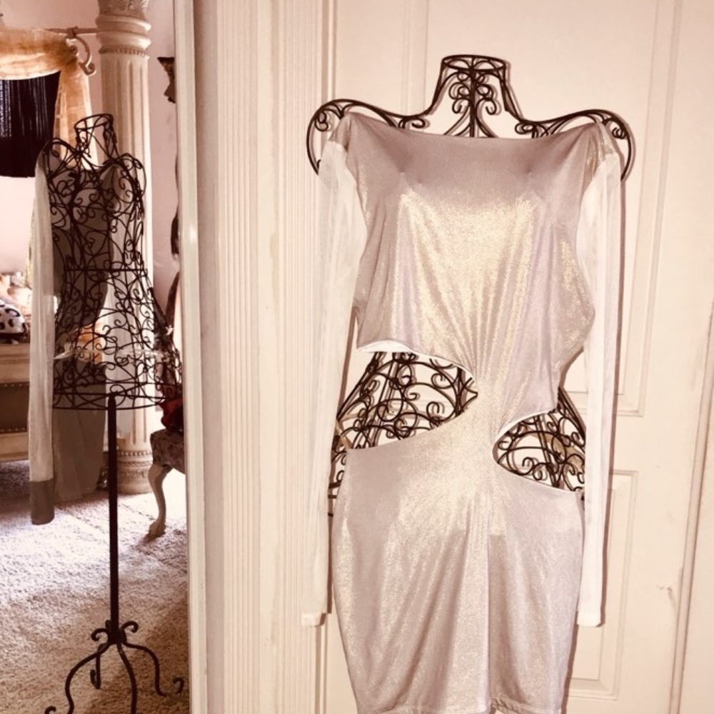 Champagne Shiny Cut Out Dress Sheer White Sleeves